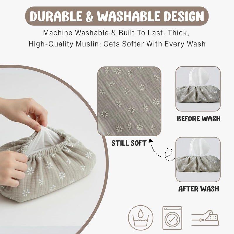 TISU Baby Wipes Cover – Universal Size, One Size Fits All Wipes Packages | Muslin Cotton Tissue Cover for Nursery, Diaper Bag & Changing Table, Station | Gingham & Neutral Patterns (Beige Daisy) - Image 5